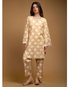 Yellow Printed Cotton Kurta with Pants- Set of 2