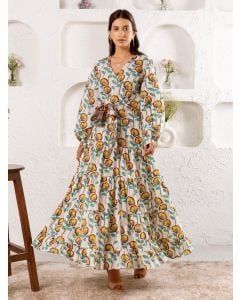 White Yellow Hand Block Printed Cotton Dress with Belt