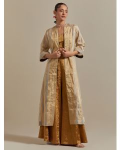 Golden Handwoven Zari Silk Blouse with Jacket and Palazzo - Set of 3