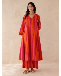 Orange Pink Striped Cotton Kurta with Pants- Set of 2