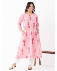 Light Pink Striped Hand Block Printed Cotton Kurta