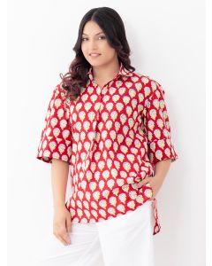 Red Hand Block Printed Cotton Top