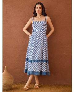 Blue Hand Block Printed Cotton Mulmul Dress