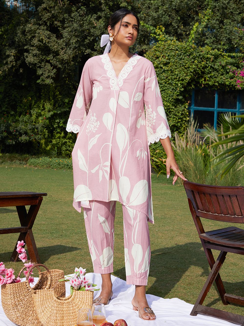 Pink Printed Pure Cotton A-Line Kurta Trouser Set