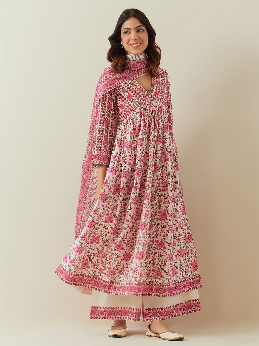 White & Pink Floral Printed Straight Kurta With Green Palazzo main image 1