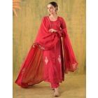 Red Embroidered Silk Suit - Set of 3