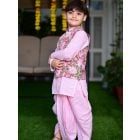 Pink Hand Block Printed Cotton Kurta with Jacket and Dhoti - Set of 3