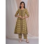 Yellow Bagru Hand Block Printed Cotton Kurta with Pants- Set of 2