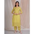 Yellow Striped Cotton Kantha Work Kurta with Pants- Set of 2