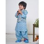 Blue Hand Block Printed Cotton Kurta with Jacket and Dhoti - Set of 3