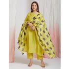 Lime Yellow Lace Linen A- Line Kurta with Slip, Cotton Pants and Clamp Dye Chanderi Dupatta- Set of 3