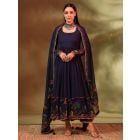 Blue Printed Chiffon Anarkali Kurta with Modal Satin Pants and Dupatta- Set of 3