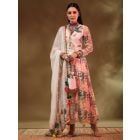 Multicolor Printed Chiffon Anarkali Kurta with Modal Satin Pants and Dupatta- Set of 3