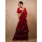 Red Gota Work Crepe Draped Saree with Blouse - Set of 2