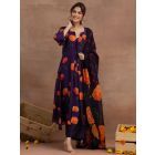 Purple Printed Bemberg Muslin Suit- Set of 3