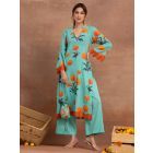 Blue Printed Cotton Kurta with Pants- Set of 2