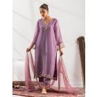 Purple Embroidered Crushed Silk Suit- Set of 3