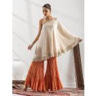 Off White Lace Work Tissue One Shoulder Kurta with Gharara- Set of 2