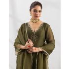 Green Embroidered Crushed Silk Suit- Set of 3
