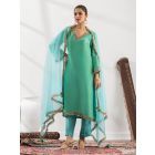 Turquoise Lace Work Tissue Suit- Set of 3