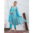 Blue Embroidered Crushed Silk Suit- Set of 3