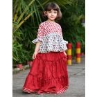 Red White Hand Block Printed Cotton Peplum Top with Skirt - Set of 2