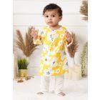 Yellow White Printed Cotton Kurta with Pants - Set of 2