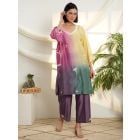 Multicolor Ombre Dyed Chanderi Silk Hand Embroidered Kurta with Pants - Set of 2