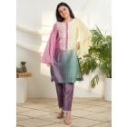 Multicolor Ombre Dyed Chanderi Silk Hand Embroidered Kurta with Pants - Set of 2