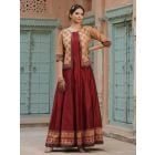 Maroon Banarasi Silk Blend Dress with Ajrakh Hand Block Printed Jacket- Set of 2