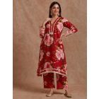 Red Pink Printed Cotton Kurta with Pants- Set of 2