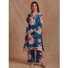 Blue Pink Printed Cotton Kurta with Pants- Set of 2