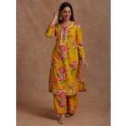 Yellow Pink Printed Cotton Kurta with Palazzo- Set of 2