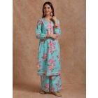 Light Blue Pink Printed Cotton Kurta with Palazzo- Set of 2