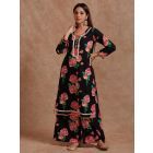 Black Pink Printed Cotton Kurta with Palazzo- Set of 2