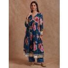 Blue Pink Printed Mulmul Anarkali Kurta with Pants- Set of 2