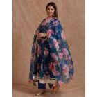 Blue Pink Printed Organza Dupatta