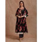 Black Pink Printed Mulmul Anarkali Kurta with Pants- Set of 2