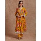 Yellow Pink Printed Mulmul Anarkali Kurta with Pants- Set of 2