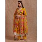 Yellow Pink Printed Organza Dupatta