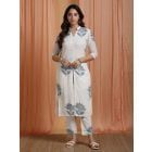 White Blue Hand Block Printed Cotton Kurta with Pants- Set of 2