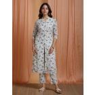 White Blue Hand Block Printed Cotton Kurta with Pants- Set of 2