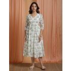 Off White Green Hand Block Printed Cotton Dress