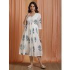 Off White Blue Hand Block Printed Cotton Dress