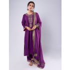 Purple Embroidered Chanderi Kurta with Pants- Set of 2