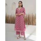 Fuchsia Embroidered Cotton Kurta with Palazzo- Set of 2