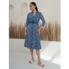 Blue Embroidered Cotton A-Line Dress with Belt