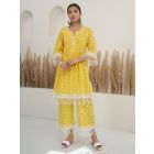 Yellow Hand Block Printed Cotton Kurta with Pants- Set of 2