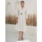 White Embroidered Cotton A-Line Dress with Belt