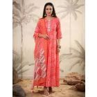 Orange Printed Muslin Silk Gown with Dupatta- Set of 2